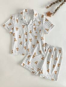 SHEIN 幼儿男童可爱小熊印花灰白条纹短袖短裤两件套睡衣，优雅舒适 - 淺灰色 - 查看 6