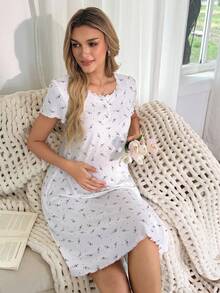 Moonlight&Mama Lace Trim Square Collar Button Decor Romantic Ditsy Floral Maternity Short Sleeve Nightgown - White - View 6