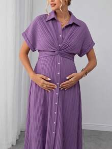 SHEIN Zanzea Maternity Purple Summer Casual Elegant Maternity Dress For Women, Solid Color Twist Ruched Pleated Photoshoot Dresses For Vacation - Mauve Purple - View 6