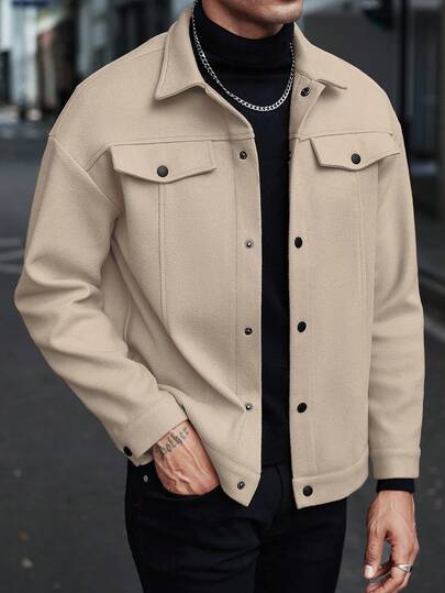 Manfinity CasualCool Men's Long Sleeve Casual Button-Front Drop Shoulder Overcoat For Autumn