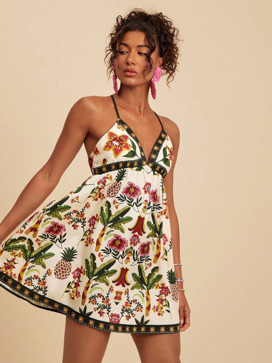 Travachic Women's Sleeveless Floral Print Vacation Mini Dress, Waist Cinched Umbrella, Elegant Tropical Slim Fit, Spring/Summer Beach Rainbow - Multicolor - View 1