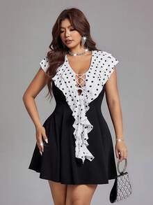 Viva Relle Vestido corto de mujer talla grande con cuello en V, volantes y lunares en blanco y negro, cintura con lazo. Conjunto vintage dulce y picante para citas de primavera/verano - Blanco y Negro - Ver 1