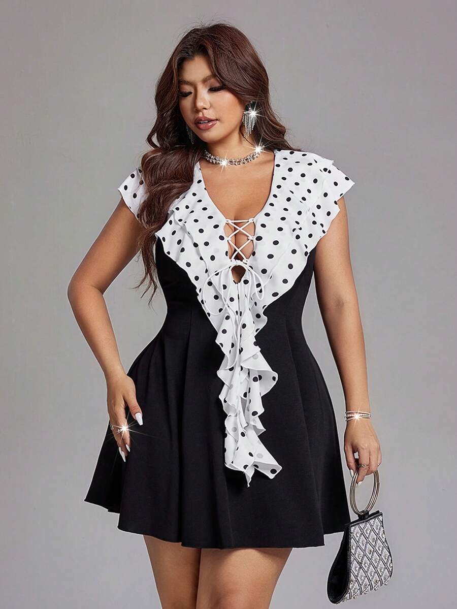 Viva Relle Vestido corto de mujer talla grande con cuello en V, volantes y lunares en blanco y negro, cintura con lazo. Conjunto vintage dulce y picante para citas de primavera/verano - Blanco y Negro - Ver 1