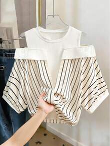 Franclia Summer Striped Splice Off-Shoulder Blouse, Elegant Vacation Outfit For Women - Apricot - View 1