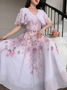 Modelyn 女士V领披肩式设计收腰喇叭形印花雪纺连衣裙 - 紫色 - 查看 4