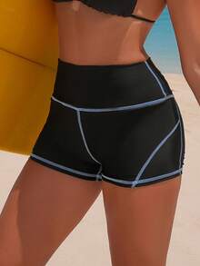 Swim SPRTY Women's High Waist Patchwork Sports Shorts, Slimming, Fashion Sporty, Spring/Summer Beach Black - Black - View 8