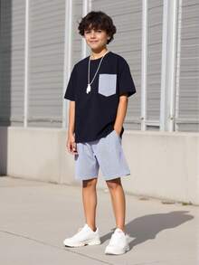 2pcs/Set Boys' Summer Casual Sports Outfit,Navy Blue T-Shirt & Striped Shorts,Back-To-School School Daily Wear,Elastic Waist Comfortable Fashionable - Navy Blue - View 8