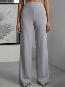 EURMUSE Plus Size Women's Casual Solid High Waist Straight Leg Pants - Light Grey - View 4
