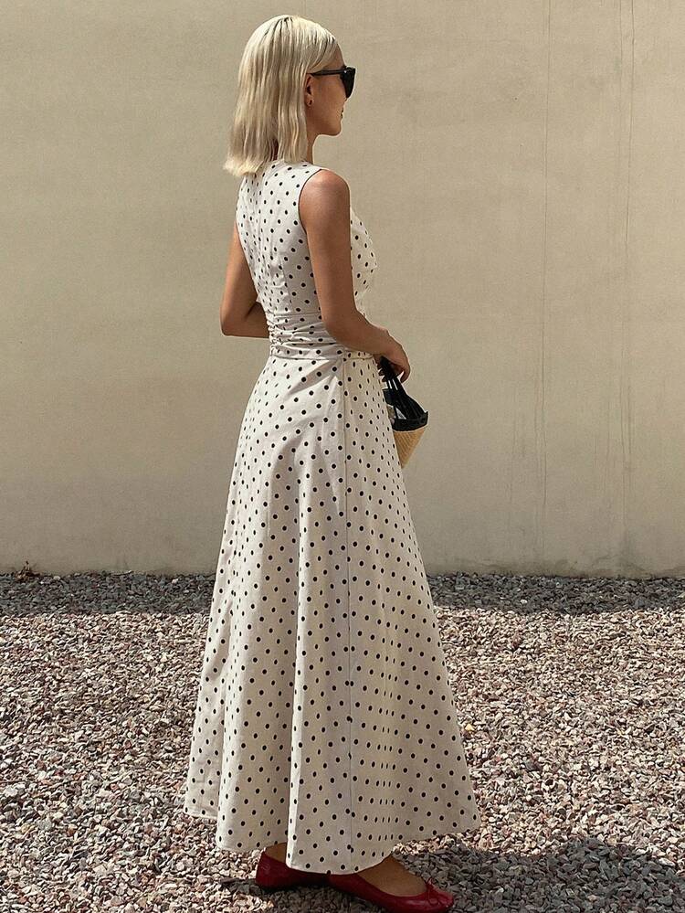Polka Dot Contrast Lace A-Line Waist Sleeveless V-Neck Elegant Summer Dress For Women Vacation Outfits Women