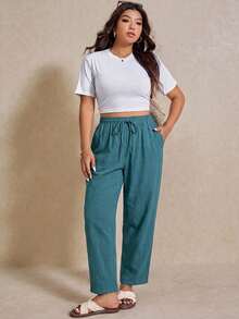Elaquor Quần nữ cỡ lớn cạp chun, họa tiết thêu mắt, kiểu dáng thường ngày đa năng. - Màu xanh bụi bặm - Xem 3