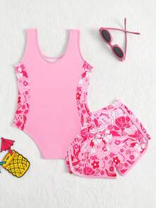 SHEIN Baju Renang Terusan dan Celana Pendek Motif Bunga untuk Anak Perempuan, Cocok untuk Liburan Pantai, Pesta Kolam Renang, dan Pesta Pantai. - Baby Pink - View 2