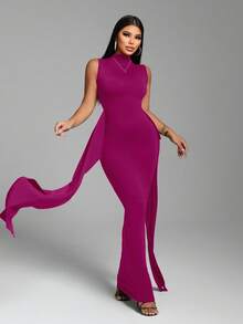 Zolique Vestido largo y sexy con cuello alto y lazo delantero para mujer - Rosa Fucsia - Ver 4