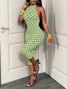 BamGleam Bộ jumpsuit nữ thời trang thường ngày, ôm sát, chất liệu lụa sữa co giãn, họa tiết chấm bi màu sắc tươi sáng, kiểu dáng buộc dây cổ, hở lưng, không tay, quần lửng. - màu xanh lá - Xem 3