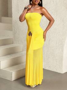 SHEIN BamGlam Summer Women's Beach Casual Vacation Strapless Mesh Patchwork Sheer Dress - Yellow - View 5