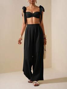 Zivah Bộ đồ đi biển mùa xuân hè mới, kiểu dáng thường ngày, áo crop top cổ trái tim buộc dây vai và quần ống rộng, màu mơ, chất liệu vải có họa tiết. - màu đen - Xem 1