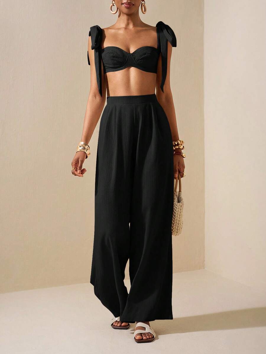 Zivah Bộ đồ đi biển mùa xuân hè mới, kiểu dáng thường ngày, áo crop top cổ trái tim buộc dây vai và quần ống rộng, màu mơ, chất liệu vải có họa tiết. - màu đen - Xem 1