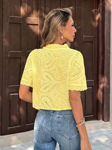 Pariaura Embroidered Floral Trim V-Neck Women Blouse - Yellow - View 2