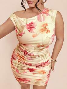 SHEIN BAE Plus Size Women's Pink Floral Print Asymmetrical Shoulder Ruched Mini Dress,Elegant Summer Curve Cocktail Bodycon Sleeveless One Shoulder Chic Party - Multicolor - View 5
