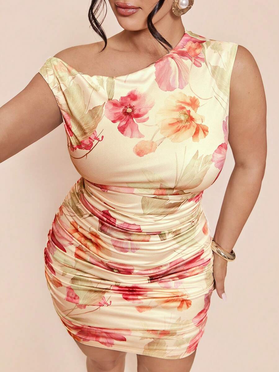 SHEIN BAE Plus Size Women's Pink Floral Print Asymmetrical Shoulder Ruched Mini Dress,Elegant Summer Curve Cocktail Bodycon Sleeveless One Shoulder Chic Party