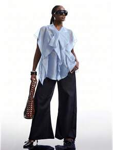 LYSMO Plus Size Women's Light Blue Ruffled Collar Button Front Mesh Patchwork Elegant Bohemian Chiffon Blouse - Baby Blue - View 4
