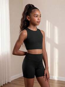 SHEIN Tween Girls Active Top & Shorts Set, Black High Stretch Fabric With Shiny Crystals, Suitable For Gymnastics, Dance Training Workout Outfit - Black - View 2