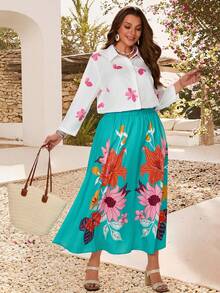 EMERY ROSE Plus Size Women Floral Print Shirt And Skirt Set, Vacation Gym Brown Autumn - Multicolor - View 6
