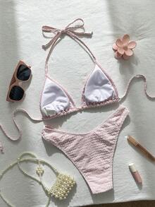 Swim Mod Bộ bikini hai mảnh họa tiết kẻ caro jacquard dành cho nữ, kiểu cổ yếm, thích hợp cho mùa xuân/hè. - Hồng - Xem 3
