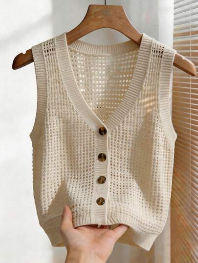 SHEIN Franclia New Summer Outfit For Women, Women's Ivory Openwork Knit Sleeveless V-Neck Vest With Button Front Closure, Gradient Mesh Texture, Ribbed Hem Trim, Retro Preppy Charm & Casual Layering Style