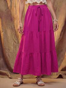 Fembélia Women's Solid Color Drawstring Waist Pleated Casual Versatile Wide Leg Pants For Daily Wear - Hot Pink - View 1