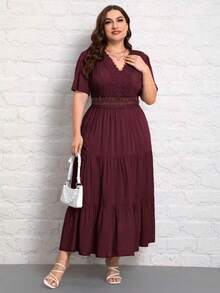 SHEIN VCAY Plus Size Solid Color V-Neck Short Sleeve Pleated Casual Long Dress - Red Violet - View 4