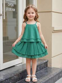 2 Pieces Set:Young Girls' Peacock Green Sleeveless Halter Top With Loose Shorts,Summer Matching Family Vacation Outfit,Holiday Casual Travel Wear - Green - View 2