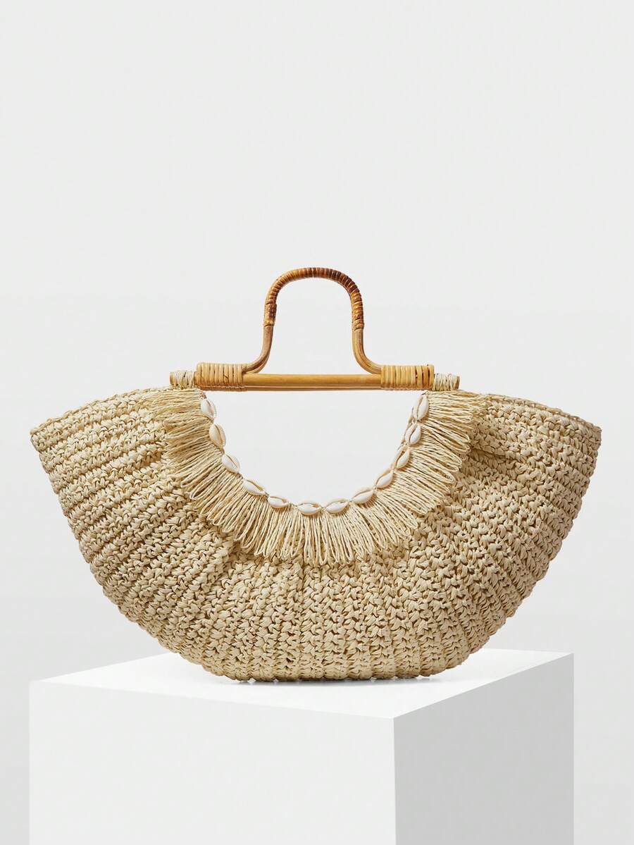 MOTF WOMEN'S TOTE BAG, EXQUISITE FASHION HOLIDAY FAN-SHAPED HANDBAG - Beige - View 1