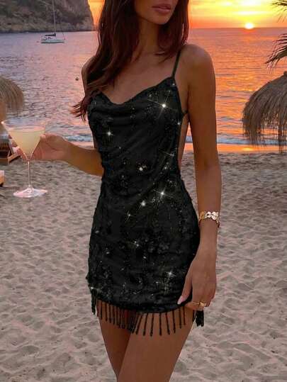 Opulessa Đầm nữ thời trang thanh lịch đính sequin, tua rua, cổ yếm.