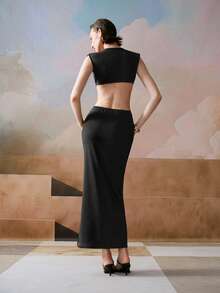 SHEIN ChicEase 女款純色深V領鏤空設計性感約會派對洋裝 - 黑色 - 查看 3
