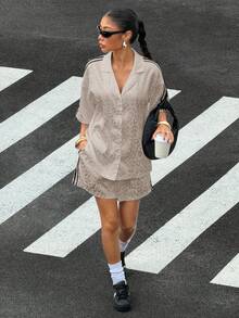 Muchica 女士春夏黑色豹纹提花宽松衬衫短裤套装，适合户外穿着，街头风衬衫短裤套装 - 藕粉色 - 查看 6