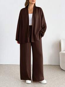 Shapeblank Plus-Size Women's Brown Autumn Smart Casual Everyday Long-Sleeved Cardigan & Elastic Waist Wide-Leg Pant Set,Loose Comfortable Two Pieces Work Outfits - Brown - View 5