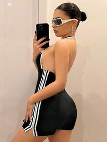 SHEIN ICON Color-Block Halter Backless Jumpsuit Jumpsuit For Summer - Black and White - View 2