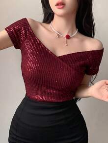 DAZY 女款休閒優雅亮片拼接露肩短袖T恤，適合日常穿著、派對、晚宴，酒紅色夏季風格 - 酒紅色 - 查看 6