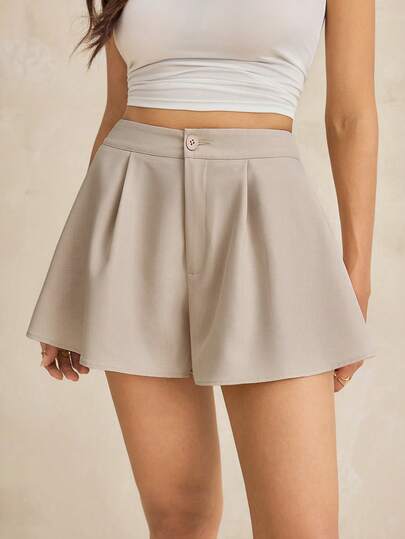SHEIN Tall Solid Color Button Pocket Loose Elegant Commuter Shorts