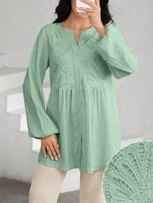 Graceveil Camisa de manga larga con cuello entallado, unicolor con textura y parches de encaje - Verde - Ver 2