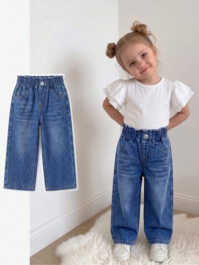 SHEIN Pantalones vaqueros cargo rectos holgados con diseño de múltiples bolsillos y cintura asimétrica lavados intensamente para bebé niña