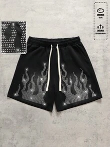 ROMWE MEN Pantalones cortos con cordón en la cintura, estampado de llamas con diamante de imitación, estilo urbano para hombres - Negro - Ver 3