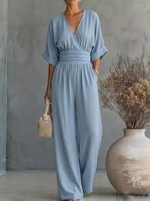 Balvessa Casual Commuter Solid Color Batwing Jumpsuit - Blue - View 3