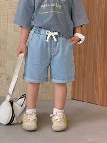 SHEIN Quần short denim màu xanh dáng rộng cho bé trai - Rửa nhẹ - Xem 4