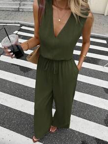 Serisse Jumpsuit Tanpa Lengan Warna Polos Kasual untuk Liburan Wanita - Hijau Tentara - View 4