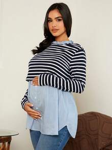 MaterniWear Maternity Striped Print 2 In 1 Nursing Top With Long Sleeve - Navy Blue - View 3