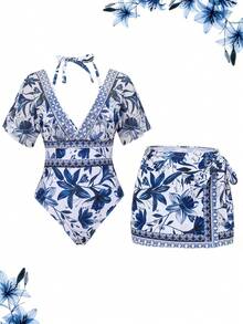 Swim Oasis 两件套女士泳衣套装，连体泳衣配系带裙摆，时尚休闲又不失优雅的度假风格，蓝白花卉印花，V领蝙蝠袖，适合旅行、游泳、海滩穿着 - 藍白色 - 查看 4