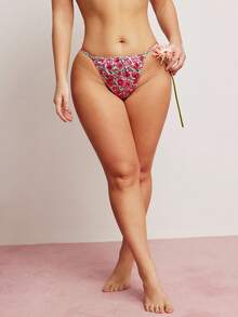 Elorette Plus Size Floral Print Satin Panties, Romantic Countryside Style, Sweet & Cute, Suitable For Vacation & Daily Wear - Pink - View 2