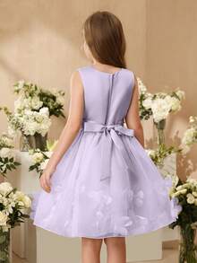 SHEIN 新款花童礼服，女童公主短款薄纱蓬蓬裙，背心式钢琴演奏会服装 - 紫色 - 查看 2