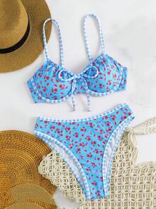 Swim Mod 女款淺藍色花卉比基尼套裝，2件式夏季海灘度假泳衣，附格子飾邊、前領結、可調節肩帶與性感三角褲，可愛波希米亞風 - 藍色 - 查看 7